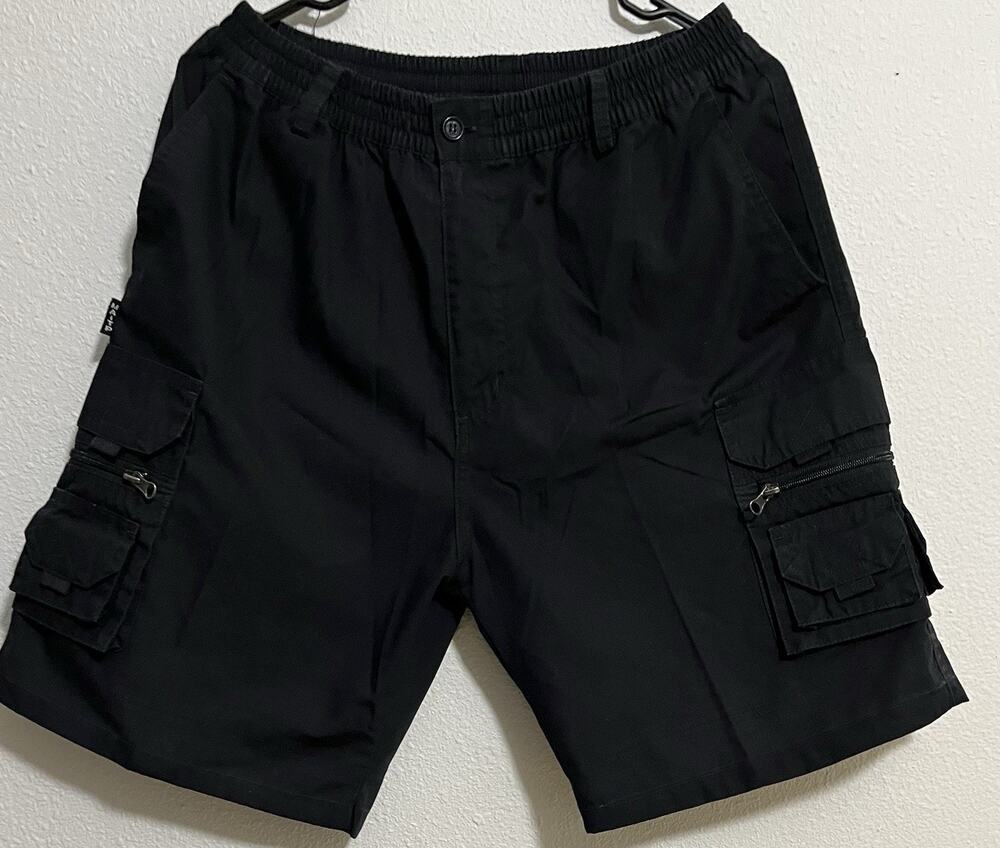 Men's Black Solid Cargo Shorts, Polyester, Flat Front, Elastic Drawstring, Zip